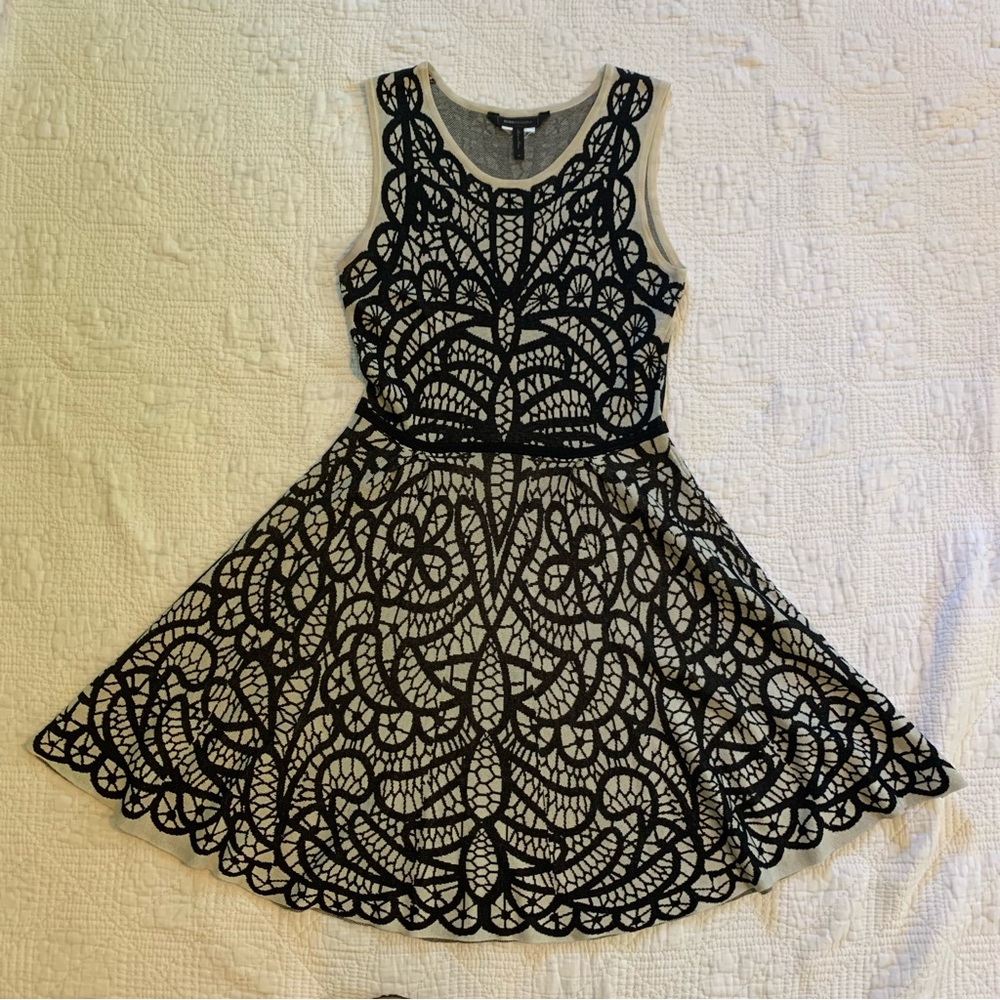 Black and cream knit fit and flare dress